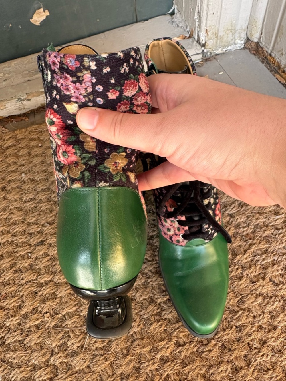 John Fluevog Amrita Lace-Up Mid-Calf Boots in Green and Floral - Picture 6 of 11